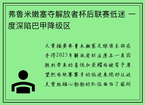 弗鲁米嫩塞夺解放者杯后联赛低迷 一度深陷巴甲降级区